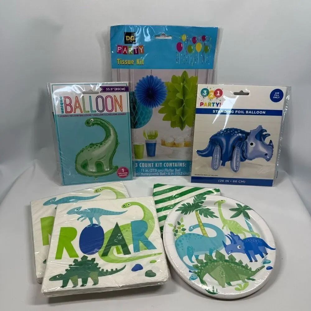 D26  Party Decorations- 7 piece ROAR dinosaur party decor, plates, napkins and D